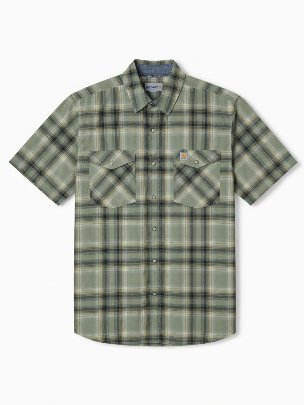 Carhartt Short-Sleeve Plaid pearl snap Shirt in Olive and Black